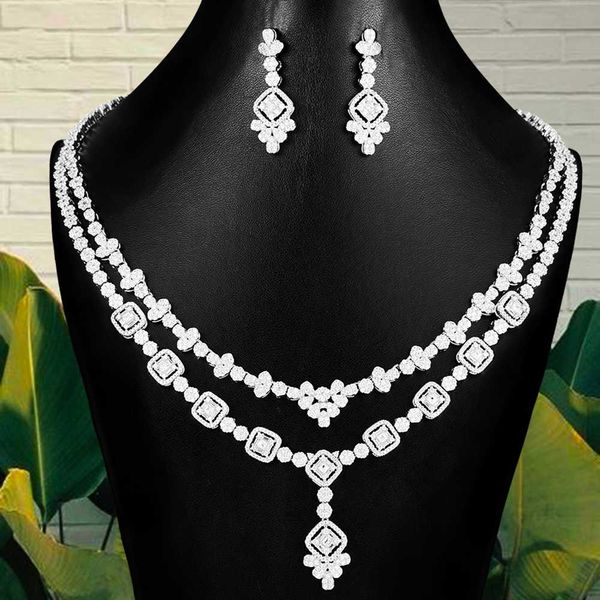 

luxury saudi jewelry sets for women wedding double layers lariat necklace earring sets full zircon dubai bridal jewelry set 2020, Silver