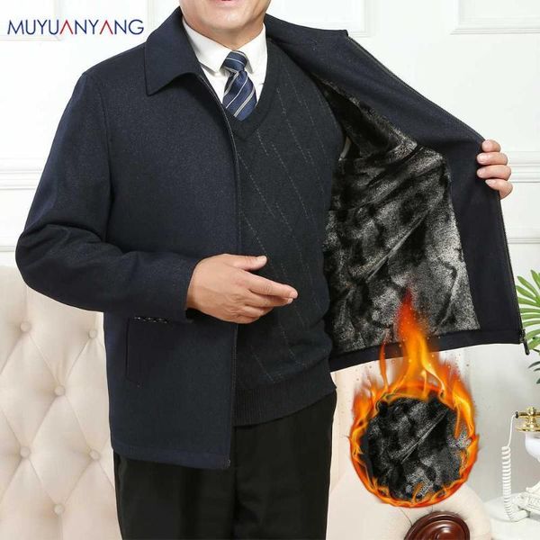 

mu yuan yang 2019 autumn new men's casual jacket classic business solid color lapel plus velvet thick autumn and winter coat1, Black;brown