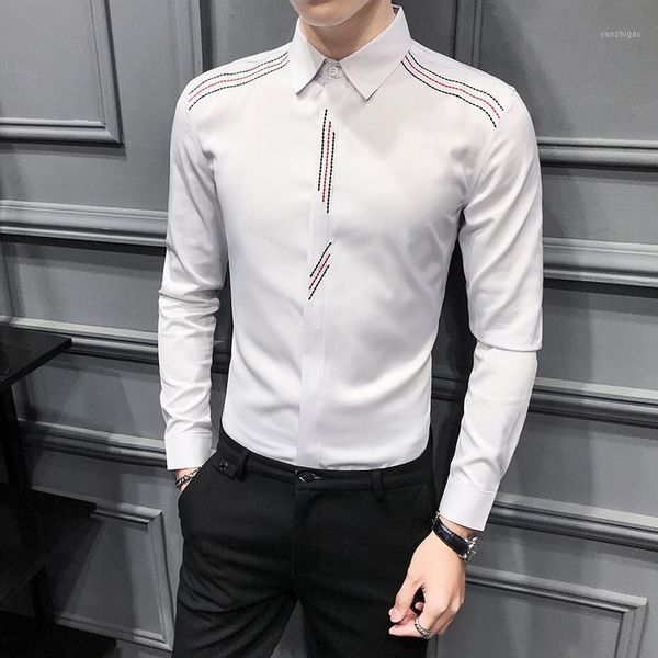 

black white shirt men embroidery formal business dress shirts casual slim fit long sleeve blouse homme 2020 spring male clothing1, White;black