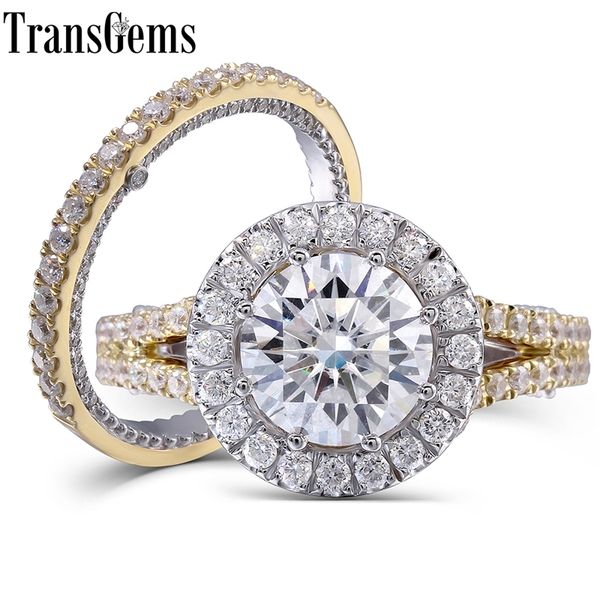 

transgems solid 14k white and yellow center 3 ct 9mm f colorless moissanite engagement wedding ring set with accents 2 pieces y200620, Slivery;golden