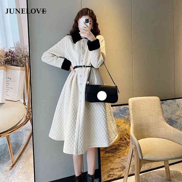 

Casual Dresses Women French Winter Long Temperament Diamond Lattice Thick Parkas Dress Velvet Pearl Button Fur Collar Vestidos L9Z0, Black;gray