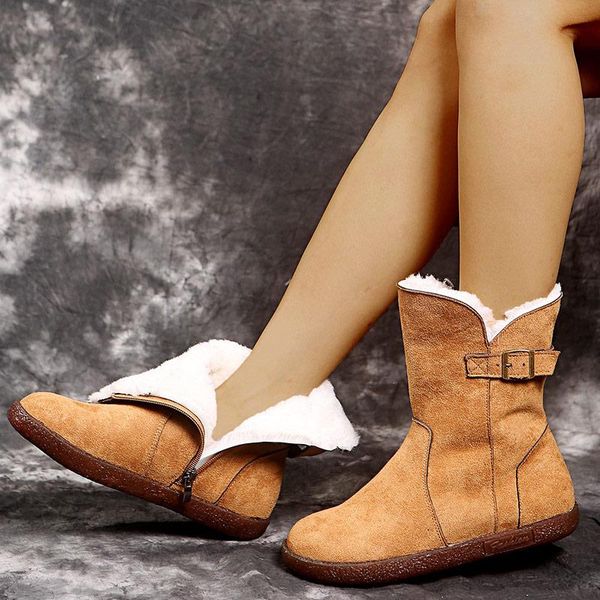 

women warm short plush ankle boots ladies buckle flats female non slip short boot winter outdoor shoes female solid casual new, Black