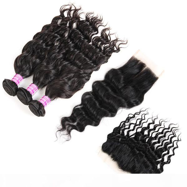 

superior supplier brazilian peruvian virgin hair water wave human hair extensions wefts 3 bundles with lace closure frontal weave bundle, Black