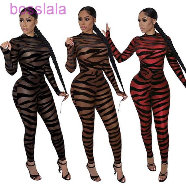 

women striped print jumpsuits seethrough long sleeve mesh bodycon rompers spring 2022, Black;white