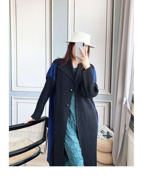 

selling miyake fashion turn-down collar long sleeve single breasted patchwork windbreaker in stock1, Tan;black