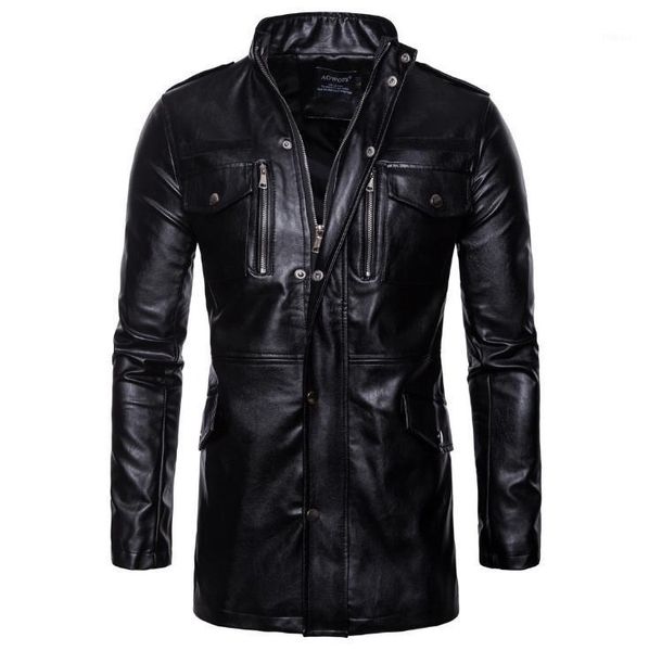 

new pu leather jacket male multi-pocket leather jacket autumn motorcycle men long windbreaker coat1, Black