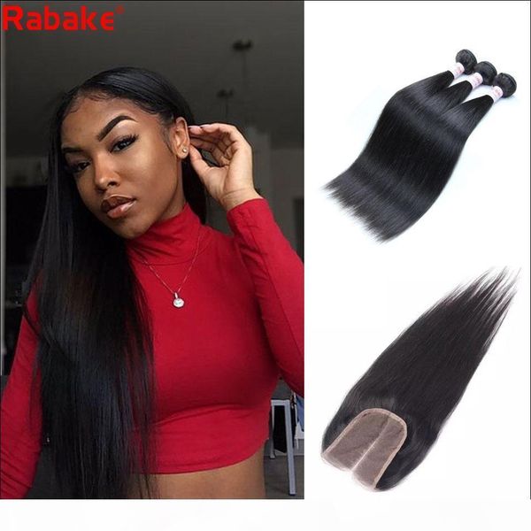 

straight remy human hair bundles with closure rabake peruvian cuticle aligned hair extensions de cabello 4x4 swiss lace weave closure, Black;brown