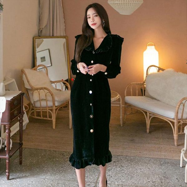

урожай однобортный velvet женщины длинные платья убавьте воротник ruffles женский vestidos femme элегантный тонкий талии зимнее платье, Black;gray