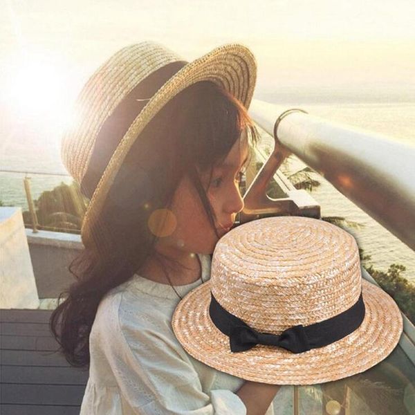 

seioum fashion cute child girls summer bowknot straw sun hat boy boho beach flat fedora hat sunhat trilby kids panama, Blue;gray