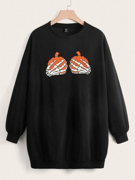 

plus pumpkin & skeleton hand print sweatshirt p4i6#, Black