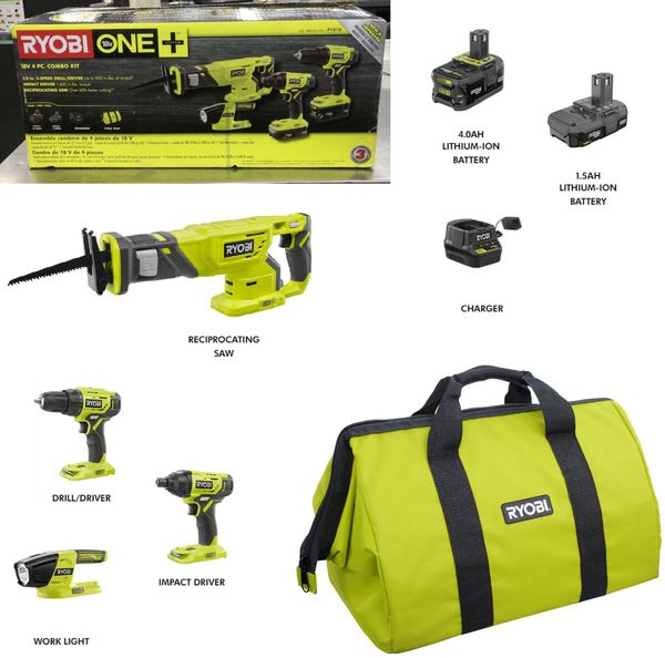 

new ryobi p1818 18v one+ lithium-ion 4-tool drill saw kit, 2 batteries & charger