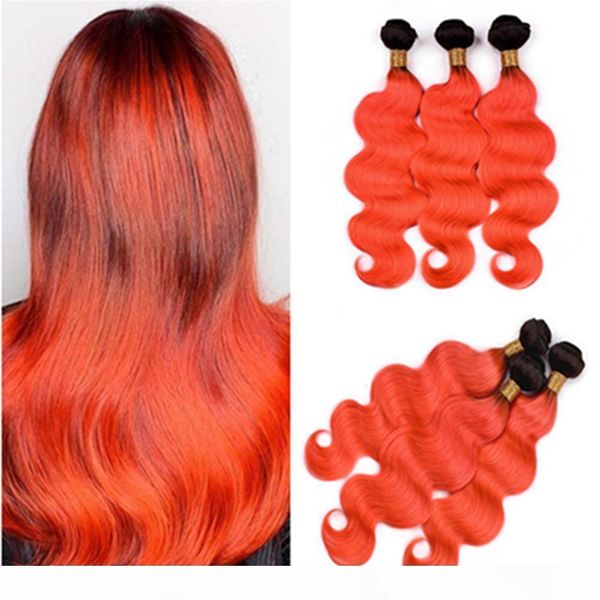 

#1b orange ombre body wave brazilian human hair weave bundles 3pcs 300gram black roots ombre orange human hair weave wefts mixed length, Black;brown