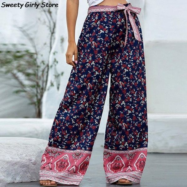 

women long pants wide leg trousers loose floral beach pants plus size boho drawstring lady autumn bottoms1, Black;white