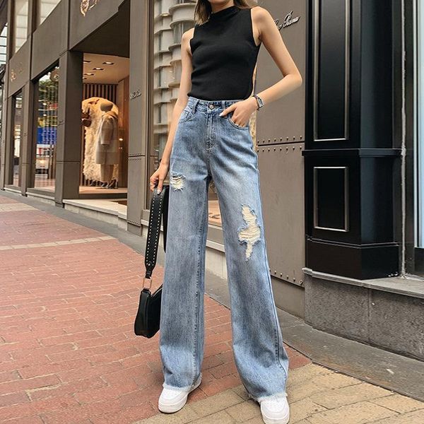 

high waist hole wide-leg jeans women's 2020 large size washed loose casual fashion blue trousers vintage ladies joker jeans new