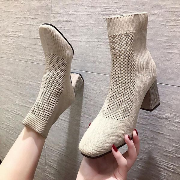 

boots stretch fabric socks women shoes ankle square heels breathtable sock shoe zipper motorcycle1, Black