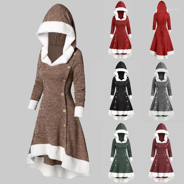 

fashion women dress womens long sleeve vintage insert mock button hooded high low midi dress clothes robe hiver femme 20201, Black;gray