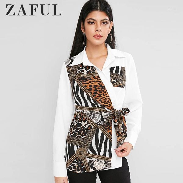 

zaful shirts women leopard zebra print tie long sleeve blouse plunging neck 2020 autumn spring pocket high street blouse femme1, White