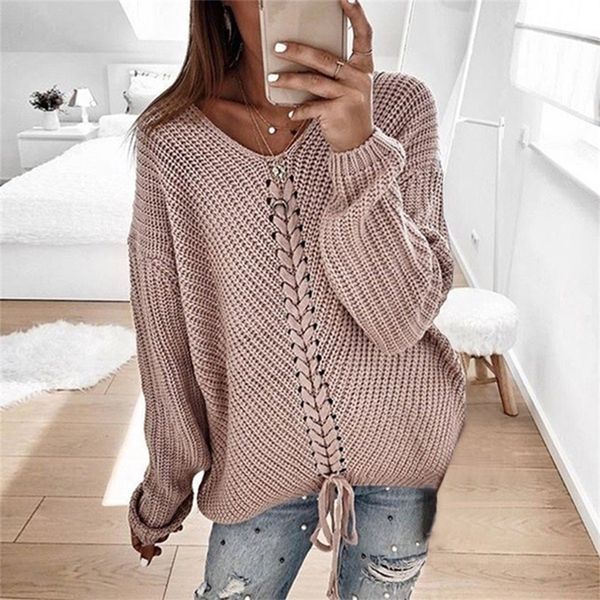 

laamei lace up knitted sweater women jumper v-neck casual autumn winter sweater women pullover sweaters ladies pull femme 201221, White;black