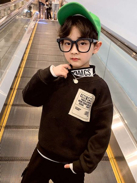 

coat 2021 winter new boys' base korean children's plush high collar foreign sle patching fashion, Black