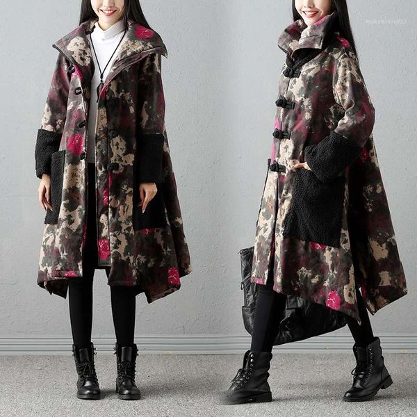 

women's down & parkas vintage women s floral print pocket button long sleeve coat winter cotton fleece thick warm loose lapel jacket 1, Black