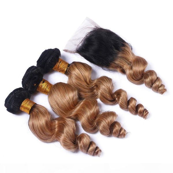 

brazilian loose wave hair bundles with clsoure human virgin hair loose curly two tone 27 honey blonde loose wave hair bundles for sale, Black;brown