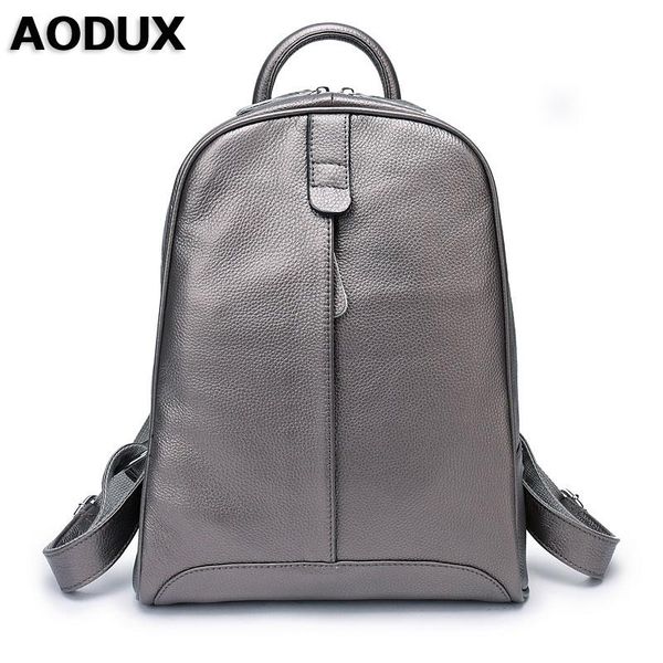 

backpack style aodux 100% genuine leather women's layer cow school backpacks bag silver gray/gray/pink/white/beige color