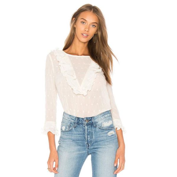 

women's blouses & shirts fashion women blouse loose long sleeve shirt ruffle frill casual lady polka dot print womens, White
