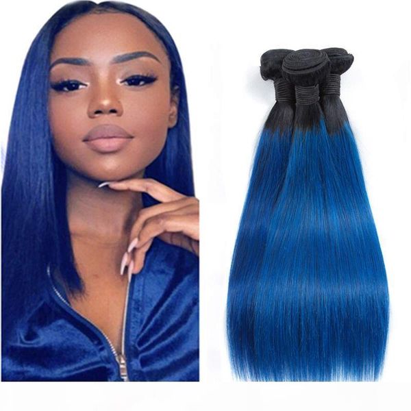 

malaysian 1b blue silky straight ombre 100% human hair 1b blue two tones color 3 pieces lot 12-26inch straight 3 bundles, Black