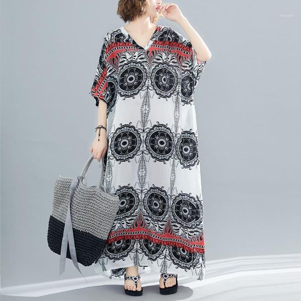 

ewq] 2020 spring summer new arrivals v-neck batwing half sleeve print pattern women fashion casual floor-length dress aw707011, Black;gray