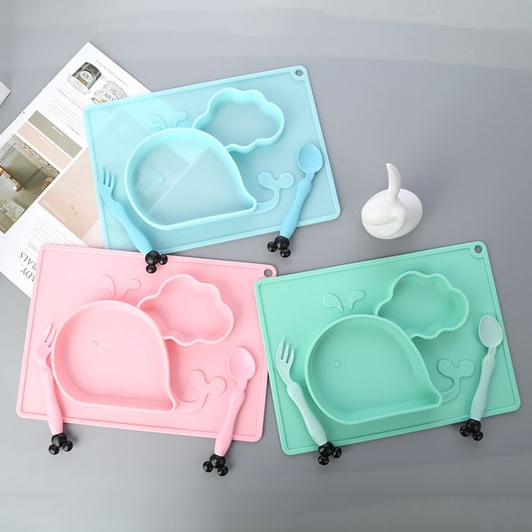 

baby cute whale silicone bowl set kids sucker plate with spoon/fork non-slip food grade baby training bowl lj201110