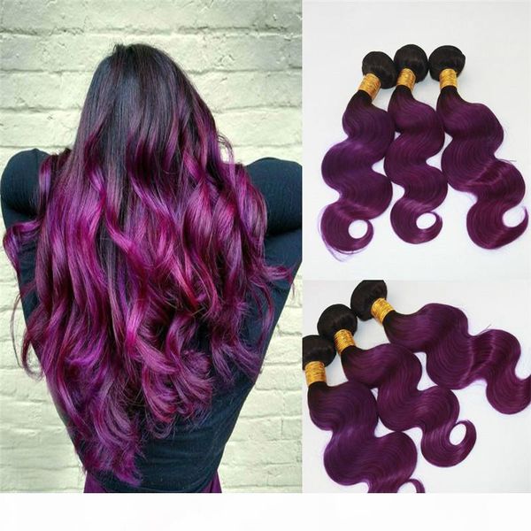 

two tone omber hair extensions weaves 8a peruvian virgin hair body wave bundles deal #1b purple real remy hair weft extensions 100g, Black
