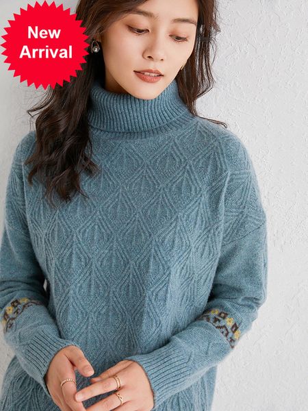 

2021 new pure cosy wool high vintage female jacquard relaxed necklace 100% real fine sweater wjty, White;black