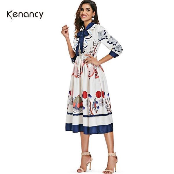 

kenancy bow neck ruffled printed women midi dress a-line 3/4 length sleeves elegant party dresses autumn femme casual boho dress, Black;gray