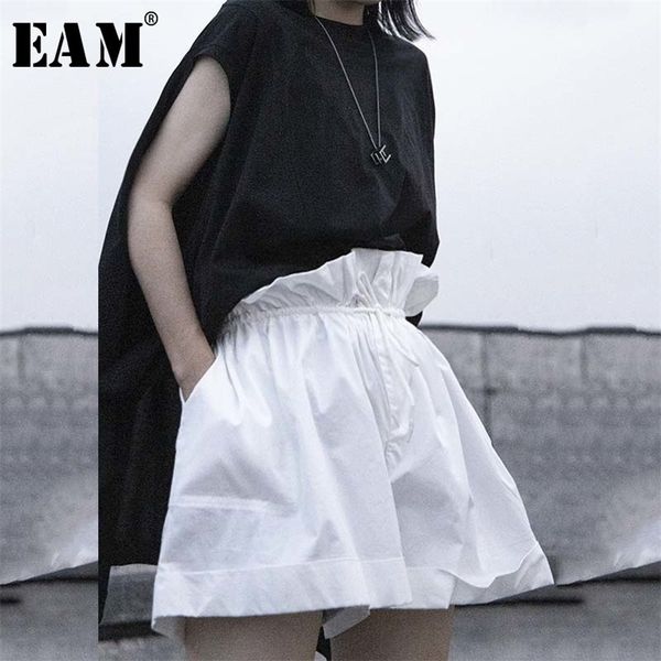 

[eam] women pwhite drawstring ruffles split wide leg shorts new high waist loose fit trousers fashion tide spring summer 2020 t200701, White;black