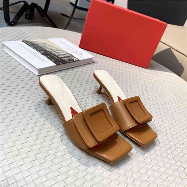 

women sandals classic brand square button slippers genuine leather non-slip flip flop wear-resisting flat slides low heel cat heels sandal, Black