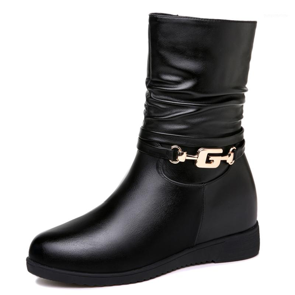 

boots fashion mid-calf women round toe pu leather shoes short plush warm winter black 3-841