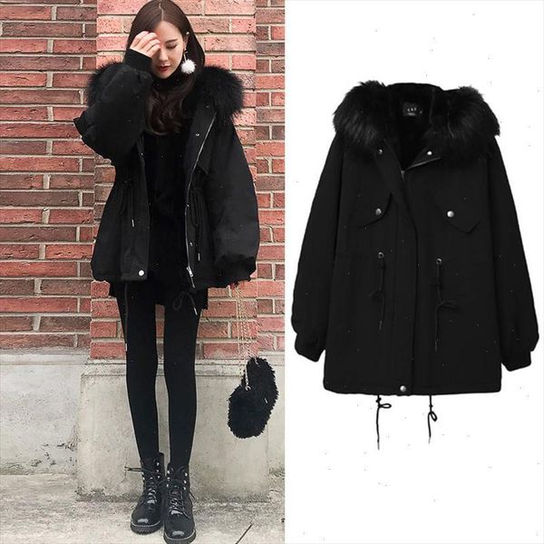 

winter jacket women hooded parkas mujer 2021 winter coat women loose parka fur collar adjustable waist cotton padded jackets, Black