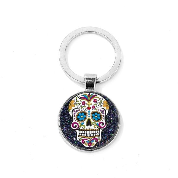 

mexico sugar skull keychain folk art skull pattern day of the dead glass round key chain handmade halloween key ring, Silver