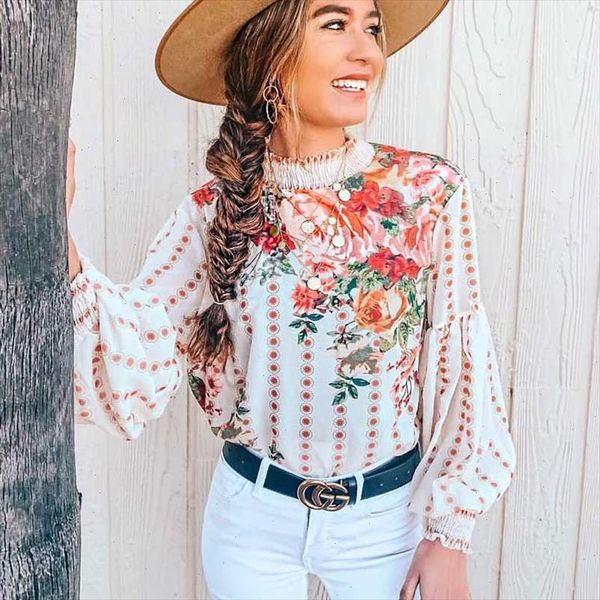 

boho inspired wild floral print cream blouse women long o neck chic boho blouse shirt 2021 new chiffon blouses shirts, White