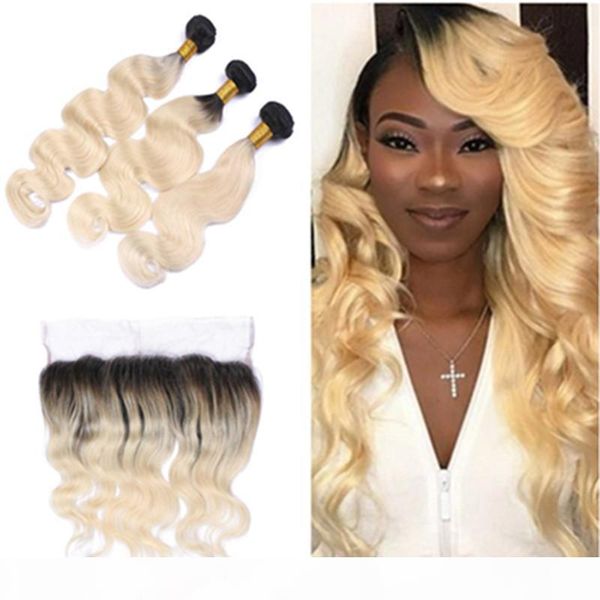 

дешевого indian virgin человеческих волосы тело волна ombre блондинка переплетения с полной фронтальной 1b 613 ombre 13x4 lace фронтального, Black;brown