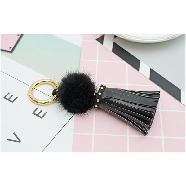 

real mink fur ball key chain with pu leather tassels for women bag key ring holder jewelry pendant neh812 f wmtzfb, Slivery;golden