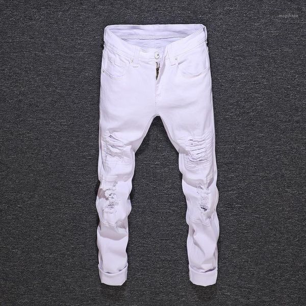 

fashion streetwear men jeans white slim fit elastic destroyed ripped jeans men denim hip hop pants vintage designer homme1, Blue