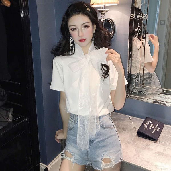 

sleeve spring 2019 new versatile short splicing sweet lace bow tie t-shirt bottom, Black;gray