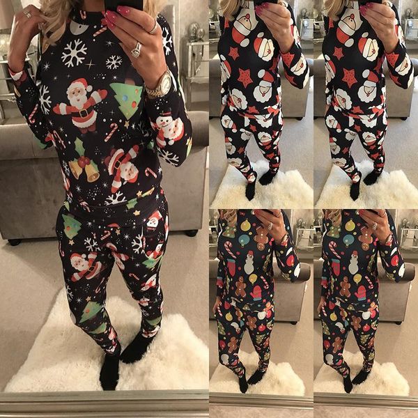 

casual two pcs sets women christmas santa claus print o neck long sleeve slim long trousers ladies xmas party suits 20201, Gray