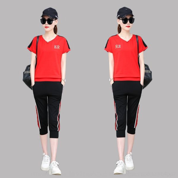 

fswhb summer new fashion casual girlsshort sleeve capris two summer large piece suit fashion cotton breathable sports suit pnoig, Gray