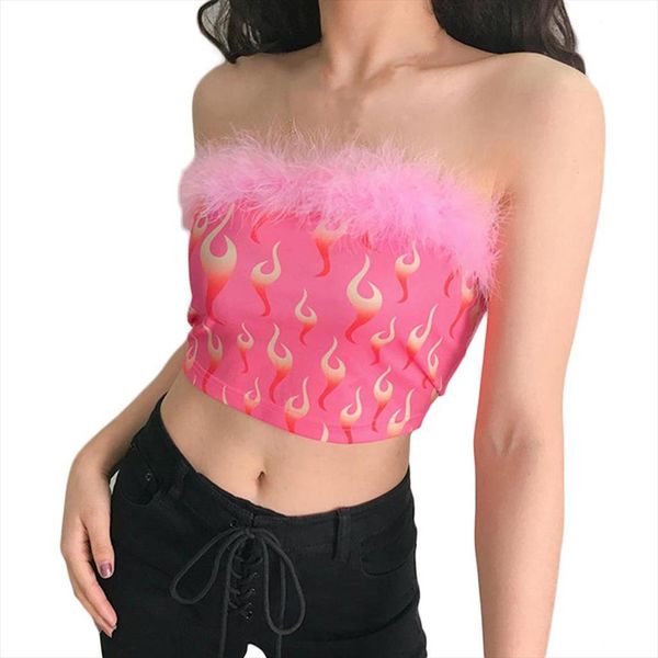 

feather patchwork print strapless bralette cropped tube tank women pink flaming fire print cute summer beach crop top, White