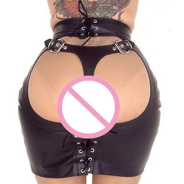

s- women black lace up pvc latex bondage spanking skirt g-string fetish bodycon package hip skirt micro mini skirts
