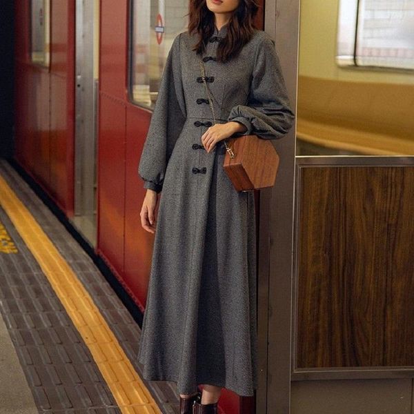 

autumn winter chinese style vintage women lantern sleeve cheongsam dress elegant temperament ladies chic buttons slim dresses1, Black;gray