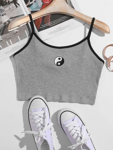 

rib-knit yin and yang embroidered ringer cami v9m8#, White