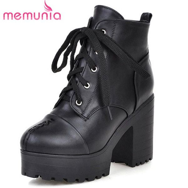 

boots memunia 2021 arrive thick heel platform ladies shoes round toe lace up autumn winter casual ankle women, Black